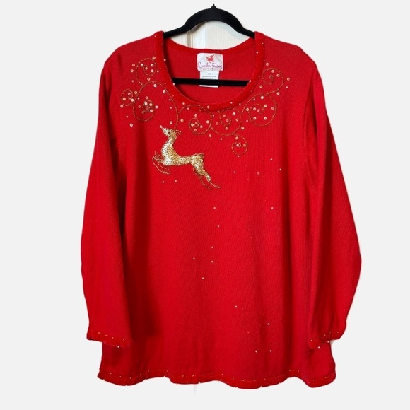 Quacker Factory Christmas Holidays Sweater with Beaded Gold Reindeer Size 2X - Picture 1 of 11